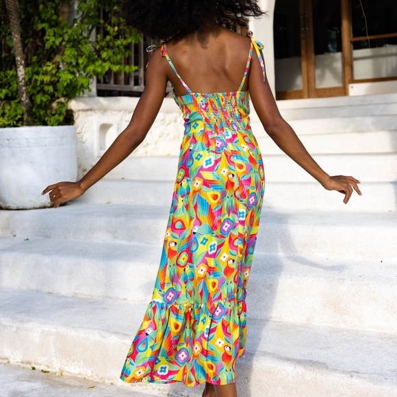 Kenny Flowers Dress Boho Caribbean Bird Print Silk‎ Midi Sz S - Picture 3 of 7